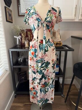 White/Multi Tropical Tie-Front Cutout Maxi Dress
